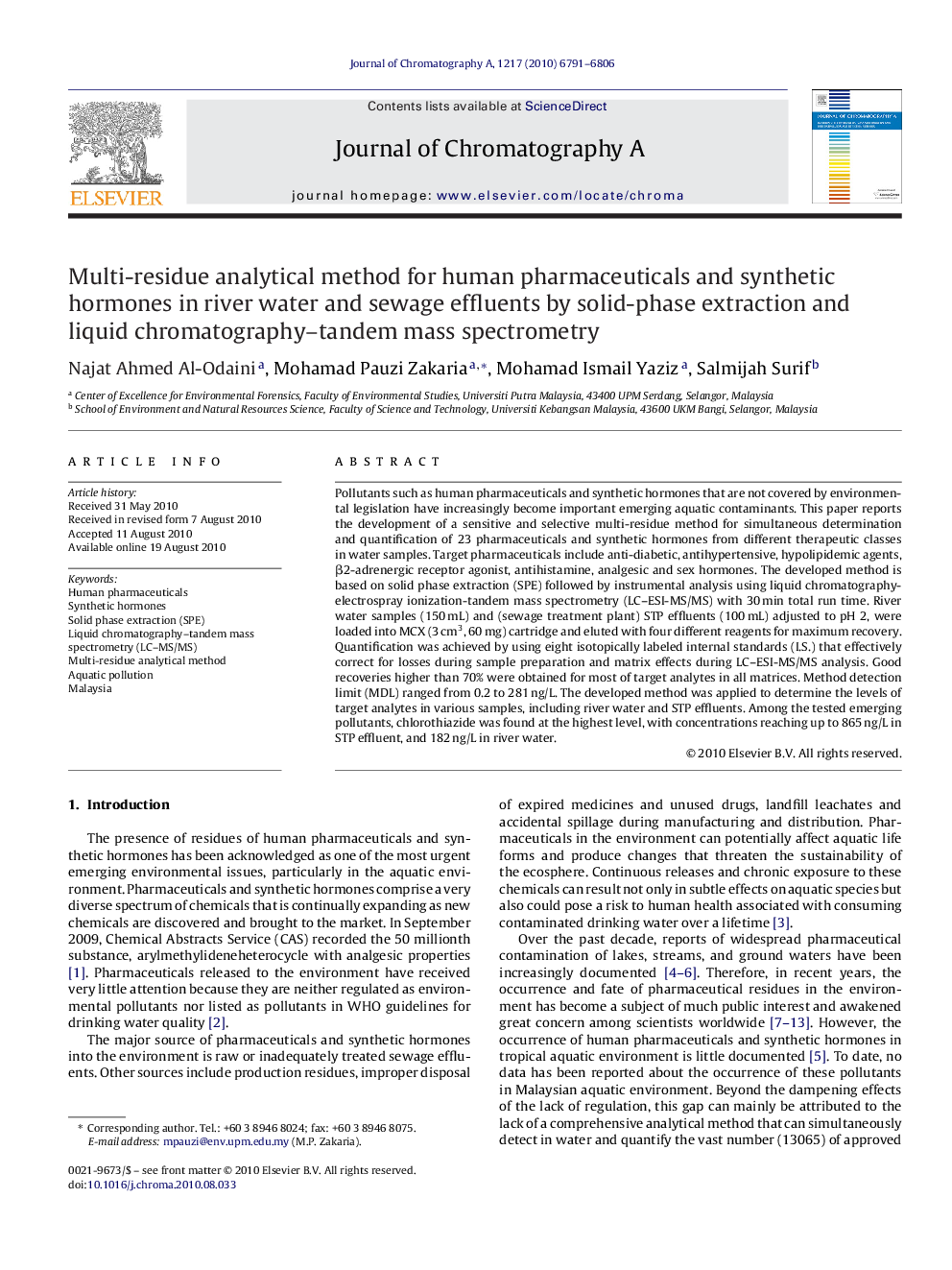 Multi-residue analytical method for human pharmaceuticals and synthetic hormones in river water and sewage effluents by solid-phase extraction and liquid chromatography–tandem mass spectrometry