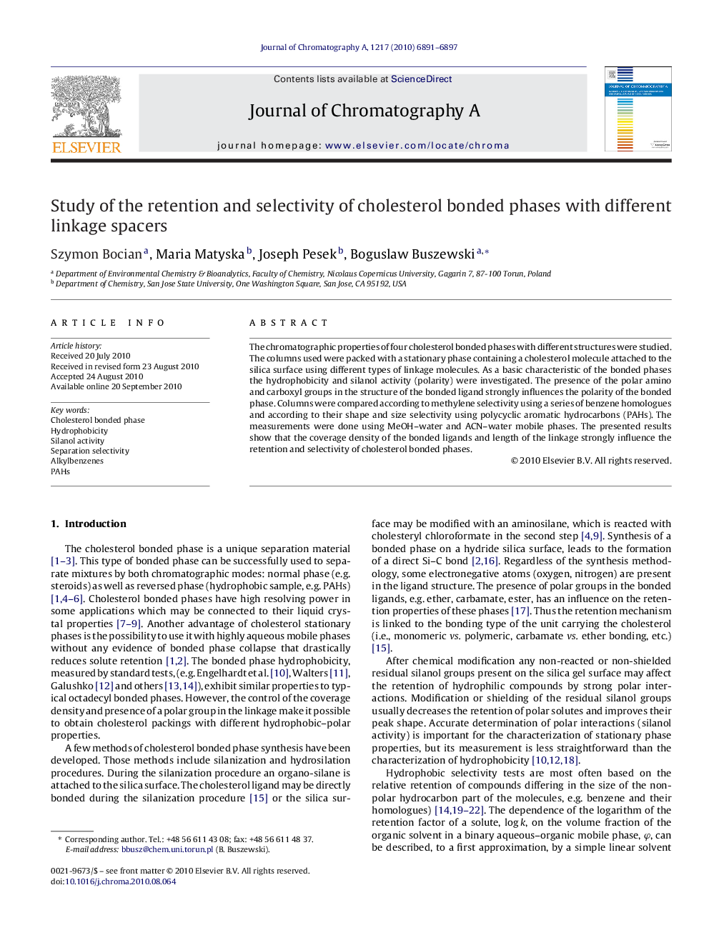 Study of the retention and selectivity of cholesterol bonded phases with different linkage spacers