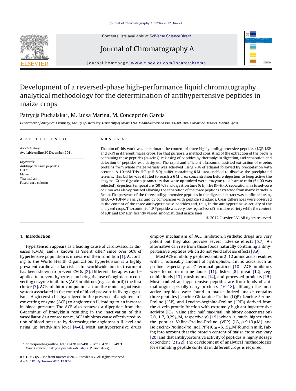 Development of a reversed-phase high-performance liquid chromatography analytical methodology for the determination of antihypertensive peptides in maize crops