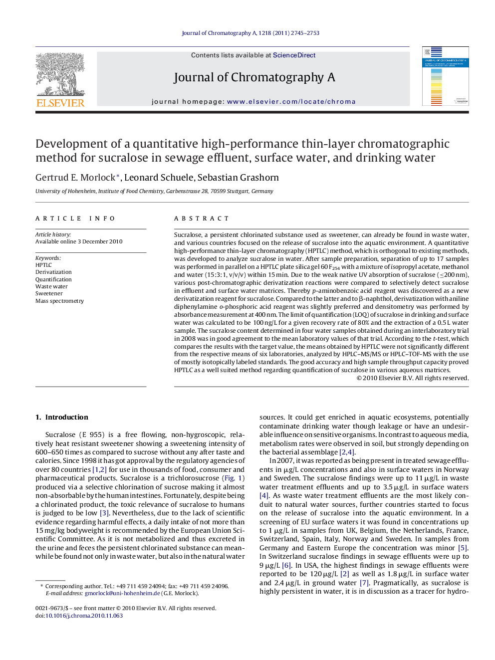 Development of a quantitative high-performance thin-layer chromatographic method for sucralose in sewage effluent, surface water, and drinking water