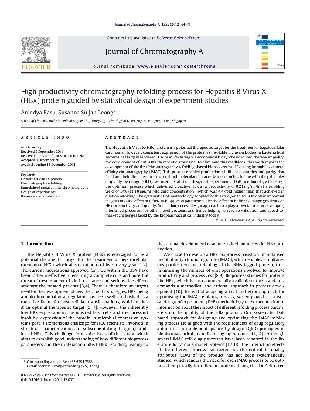 High productivity chromatography refolding process for Hepatitis B Virus X (HBx) protein guided by statistical design of experiment studies