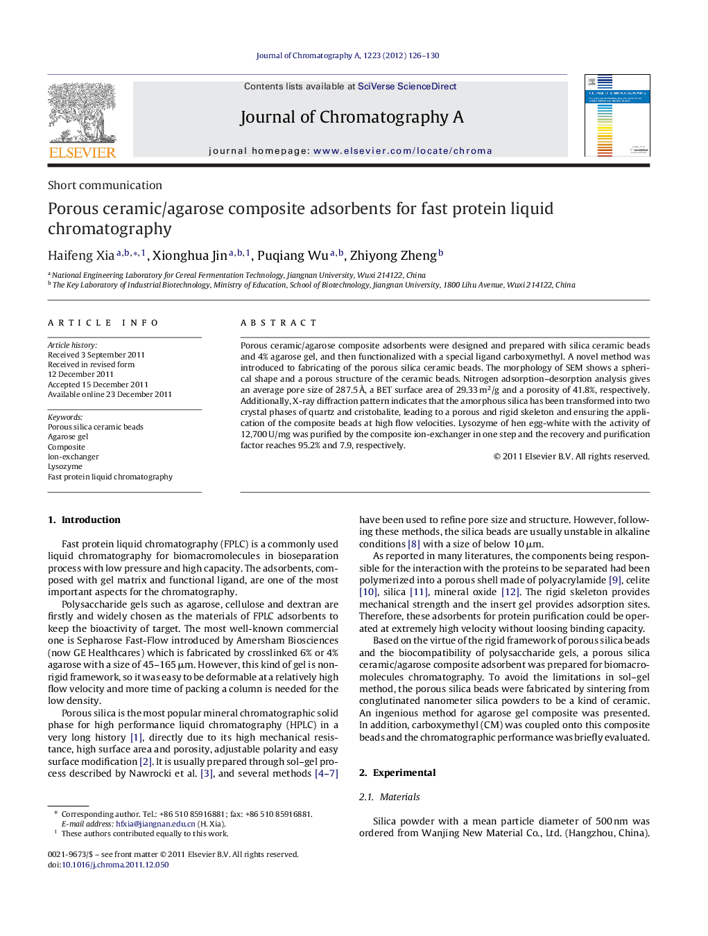 Porous ceramic/agarose composite adsorbents for fast protein liquid chromatography