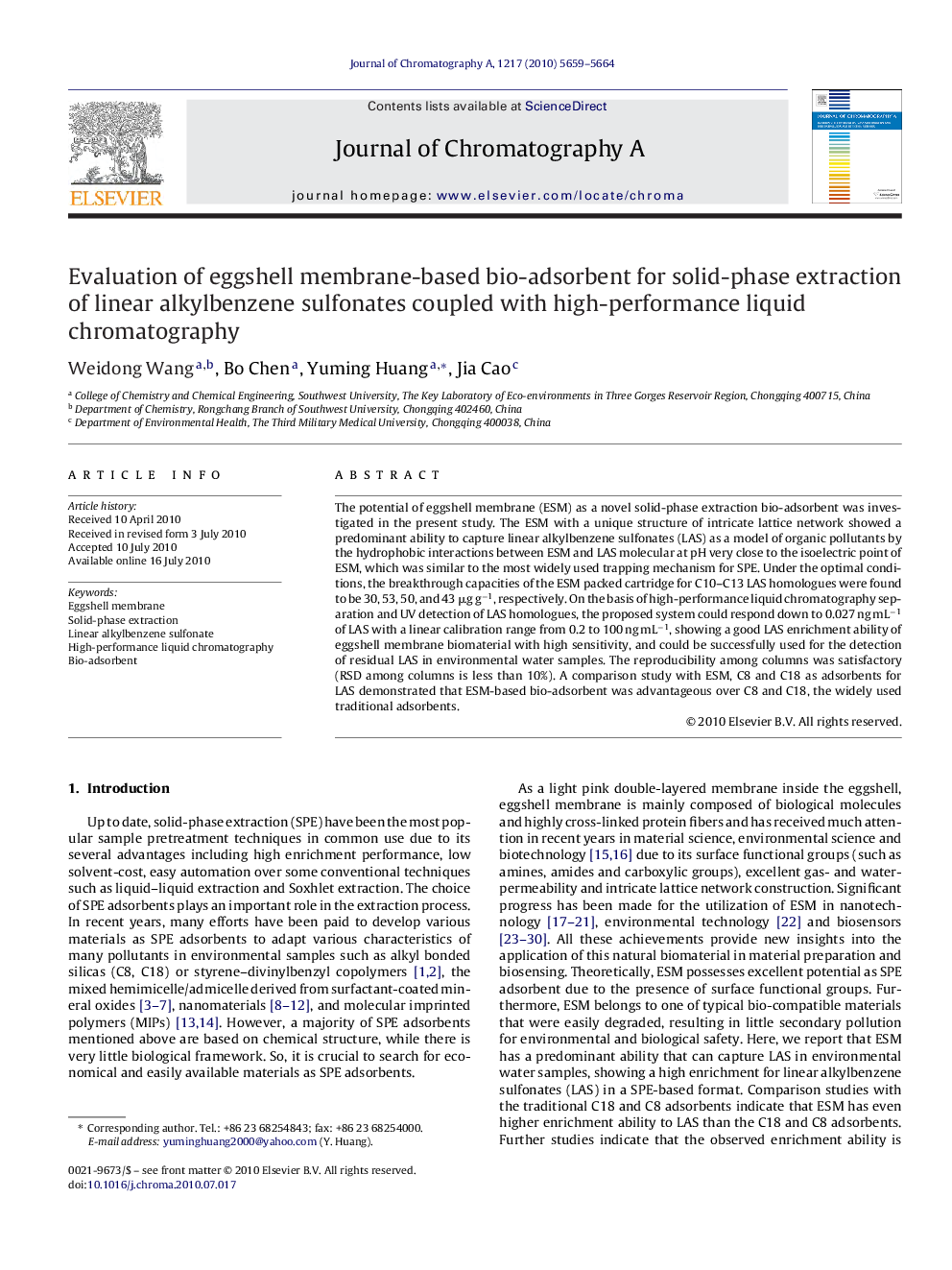 Evaluation of eggshell membrane-based bio-adsorbent for solid-phase extraction of linear alkylbenzene sulfonates coupled with high-performance liquid chromatography