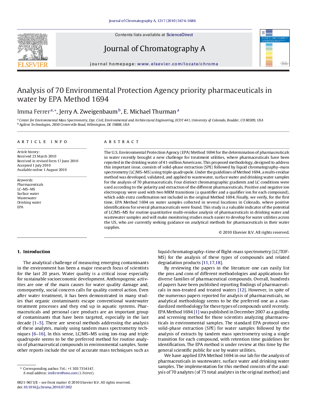 Analysis of 70 Environmental Protection Agency priority pharmaceuticals in water by EPA Method 1694