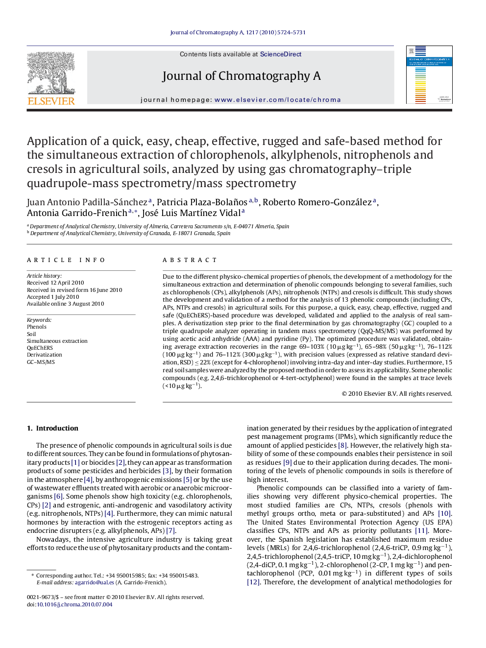 Application of a quick, easy, cheap, effective, rugged and safe-based method for the simultaneous extraction of chlorophenols, alkylphenols, nitrophenols and cresols in agricultural soils, analyzed by using gas chromatography–triple quadrupole-mass spectr