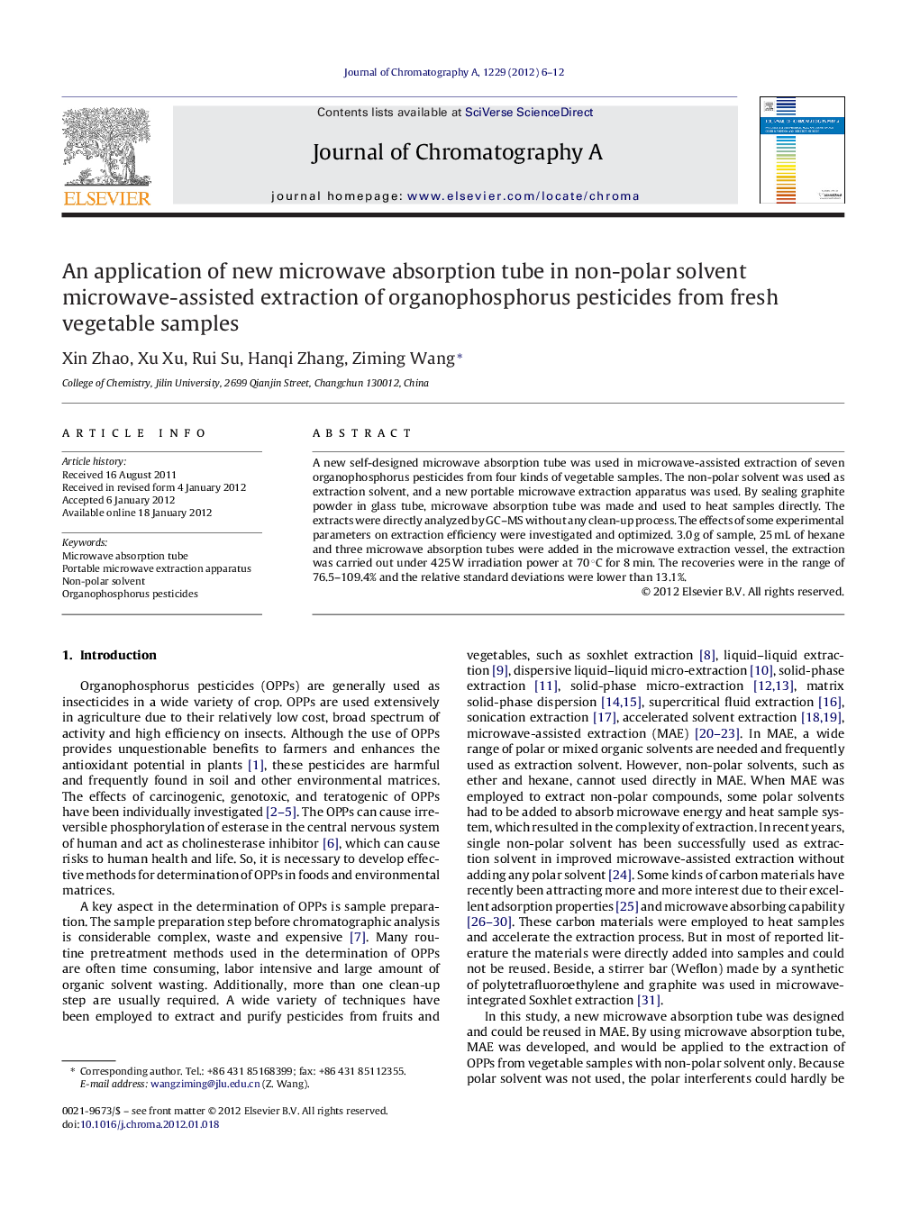 An application of new microwave absorption tube in non-polar solvent microwave-assisted extraction of organophosphorus pesticides from fresh vegetable samples