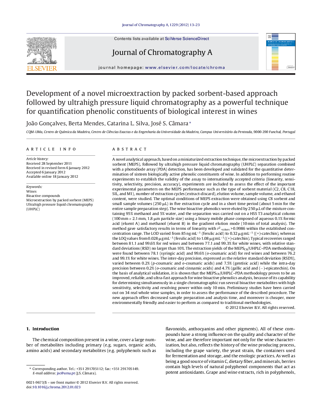 Development of a novel microextraction by packed sorbent-based approach followed by ultrahigh pressure liquid chromatography as a powerful technique for quantification phenolic constituents of biological interest in wines