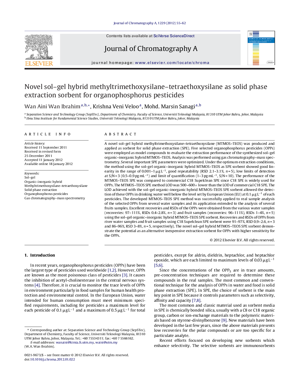 Novel sol–gel hybrid methyltrimethoxysilane–tetraethoxysilane as solid phase extraction sorbent for organophosphorus pesticides