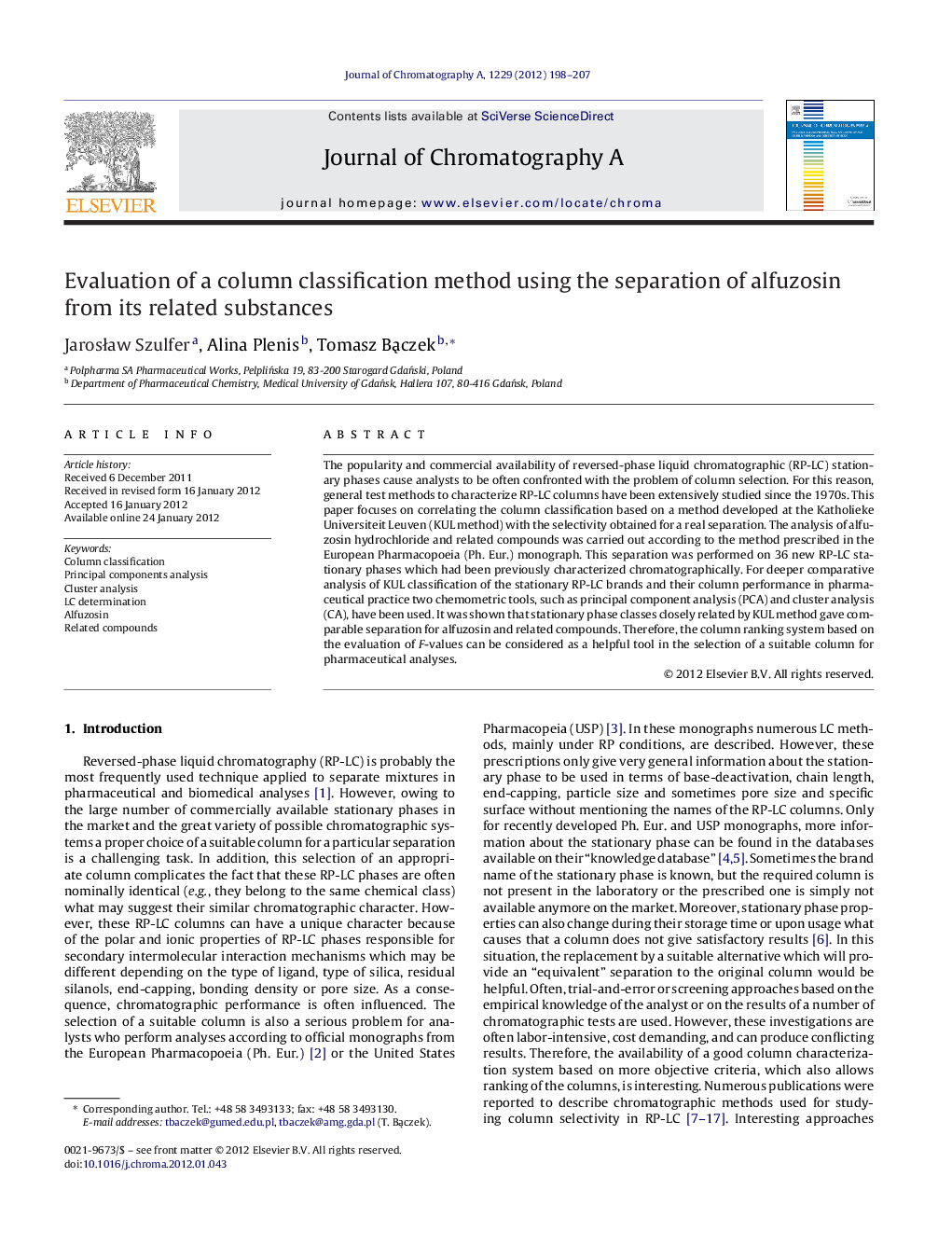 Evaluation of a column classification method using the separation of alfuzosin from its related substances