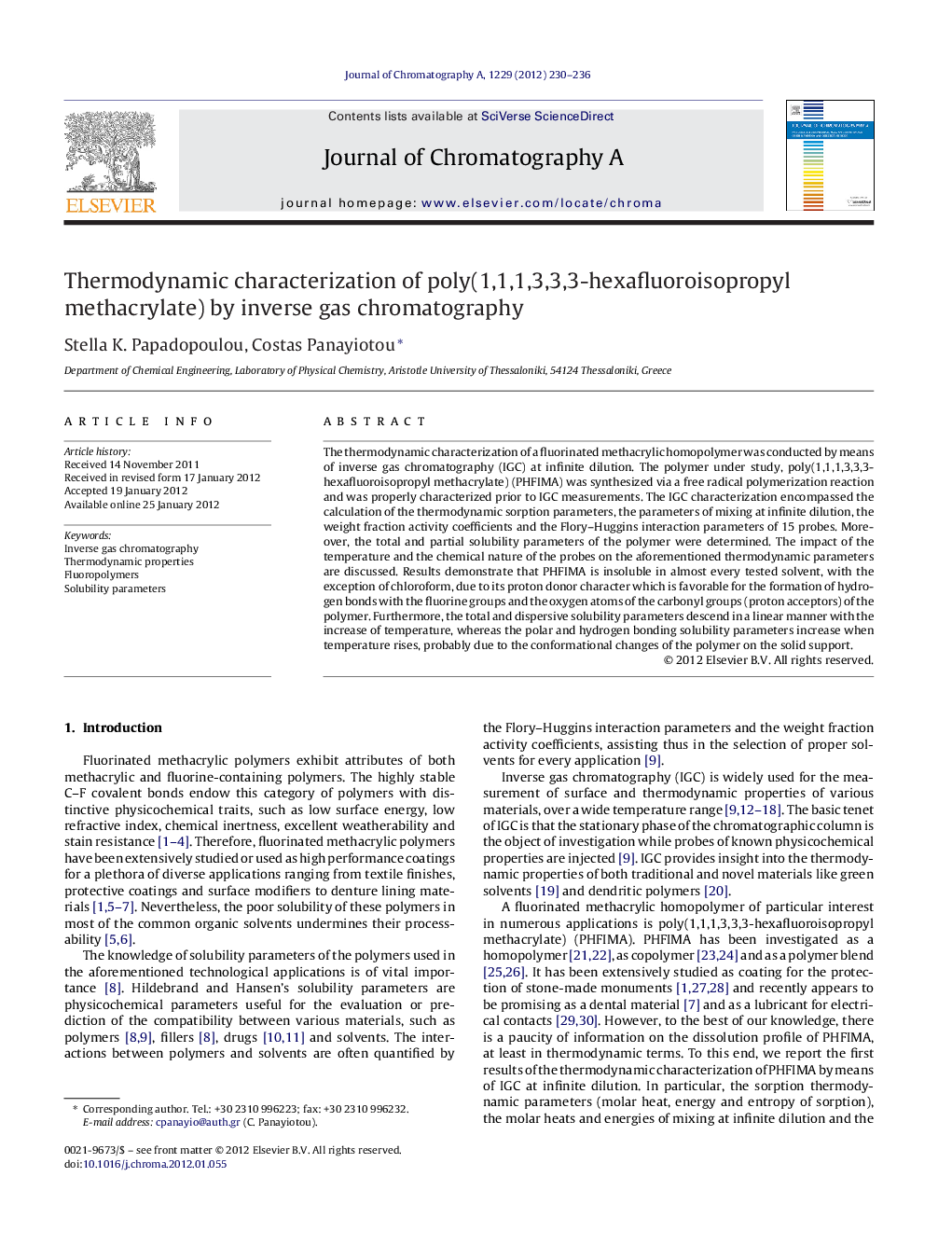 Thermodynamic characterization of poly(1,1,1,3,3,3-hexafluoroisopropyl methacrylate) by inverse gas chromatography