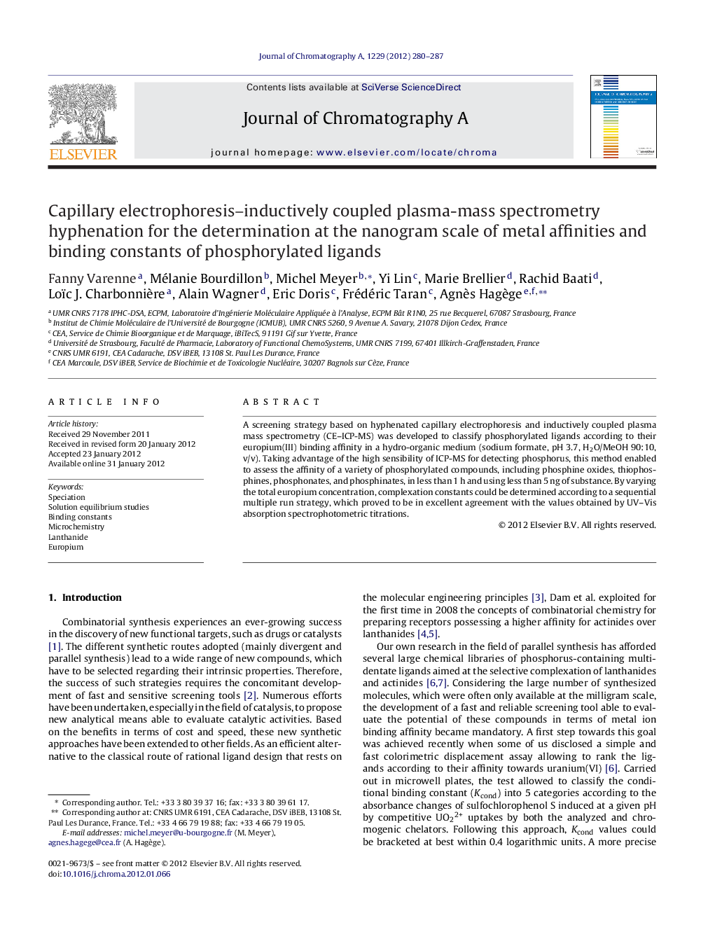 Capillary electrophoresis–inductively coupled plasma-mass spectrometry hyphenation for the determination at the nanogram scale of metal affinities and binding constants of phosphorylated ligands