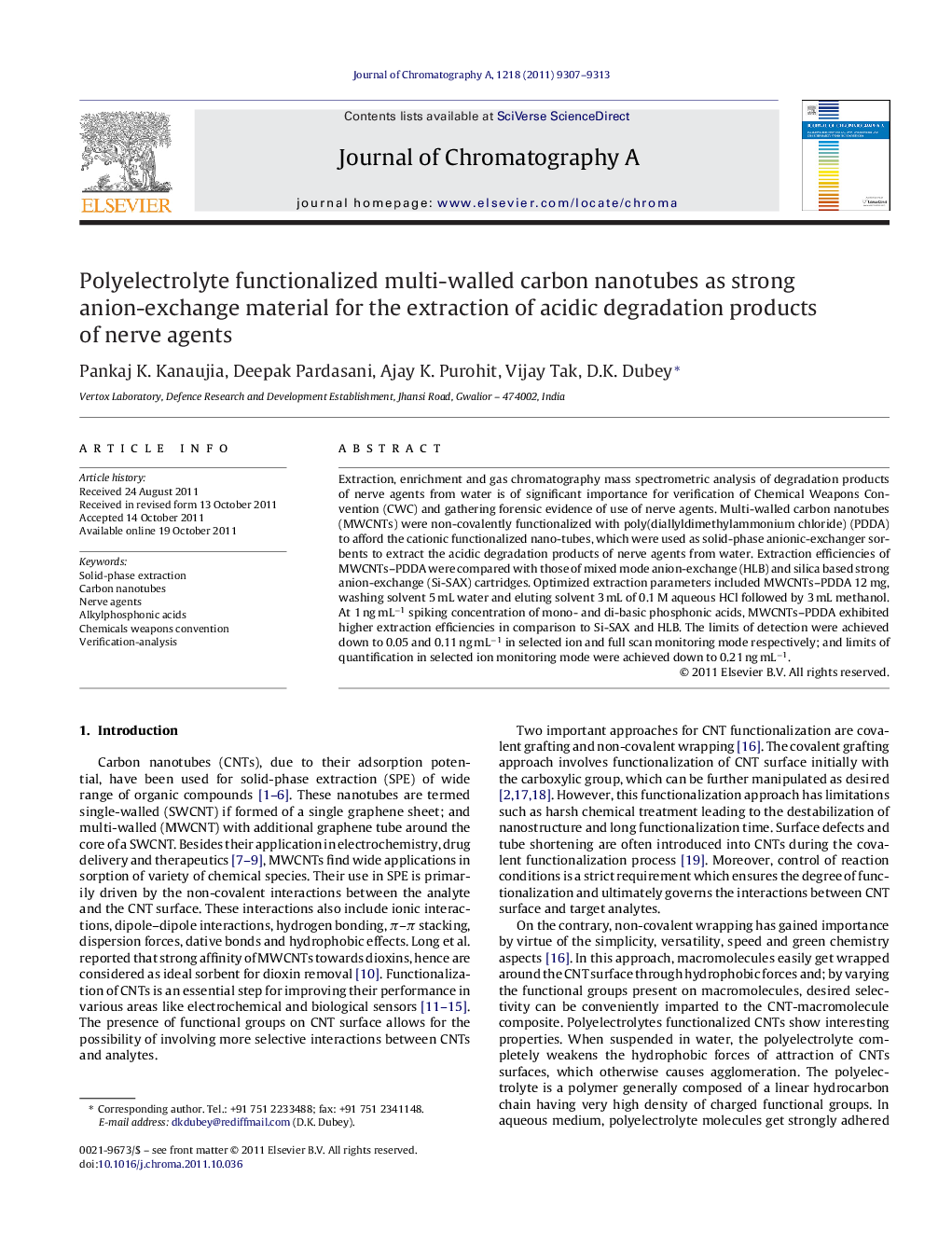 Polyelectrolyte functionalized multi-walled carbon nanotubes as strong anion-exchange material for the extraction of acidic degradation products of nerve agents