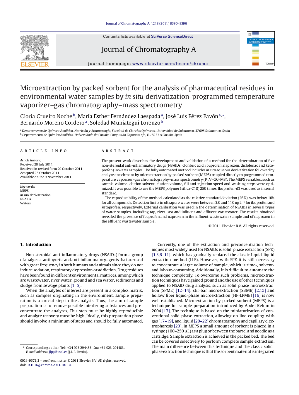 Microextraction by packed sorbent for the analysis of pharmaceutical residues in environmental water samples by in situ derivatization-programmed temperature vaporizer–gas chromatography–mass spectrometry