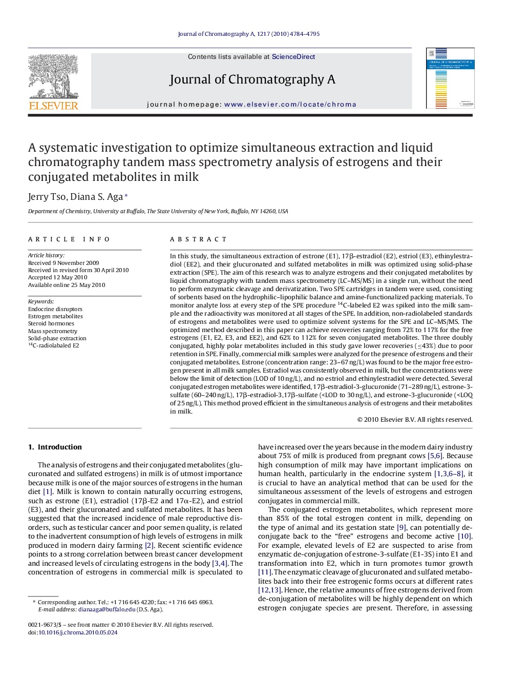 A systematic investigation to optimize simultaneous extraction and liquid chromatography tandem mass spectrometry analysis of estrogens and their conjugated metabolites in milk