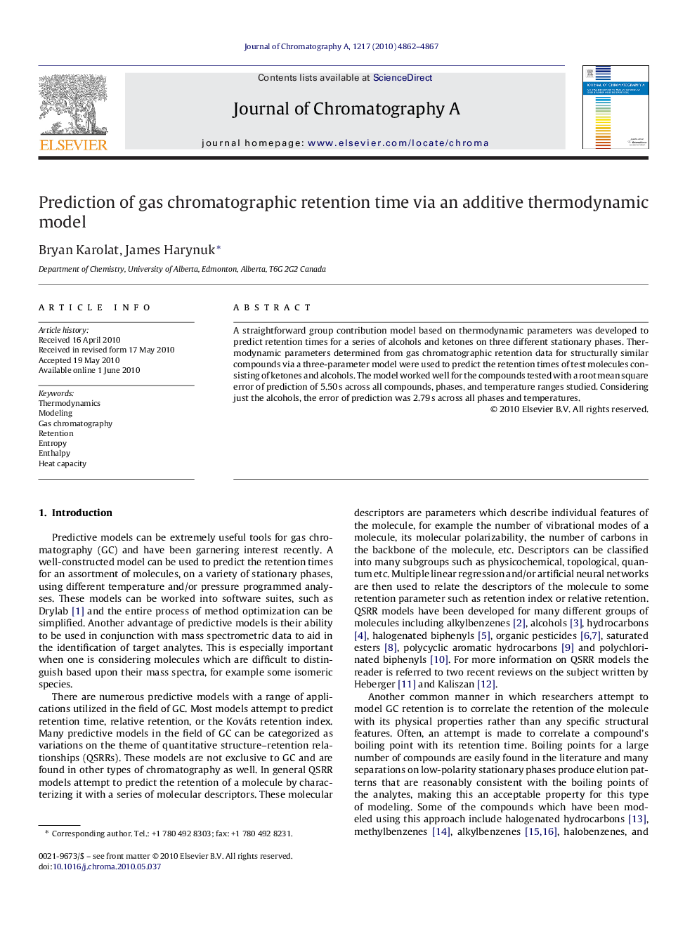 Prediction of gas chromatographic retention time via an additive thermodynamic model