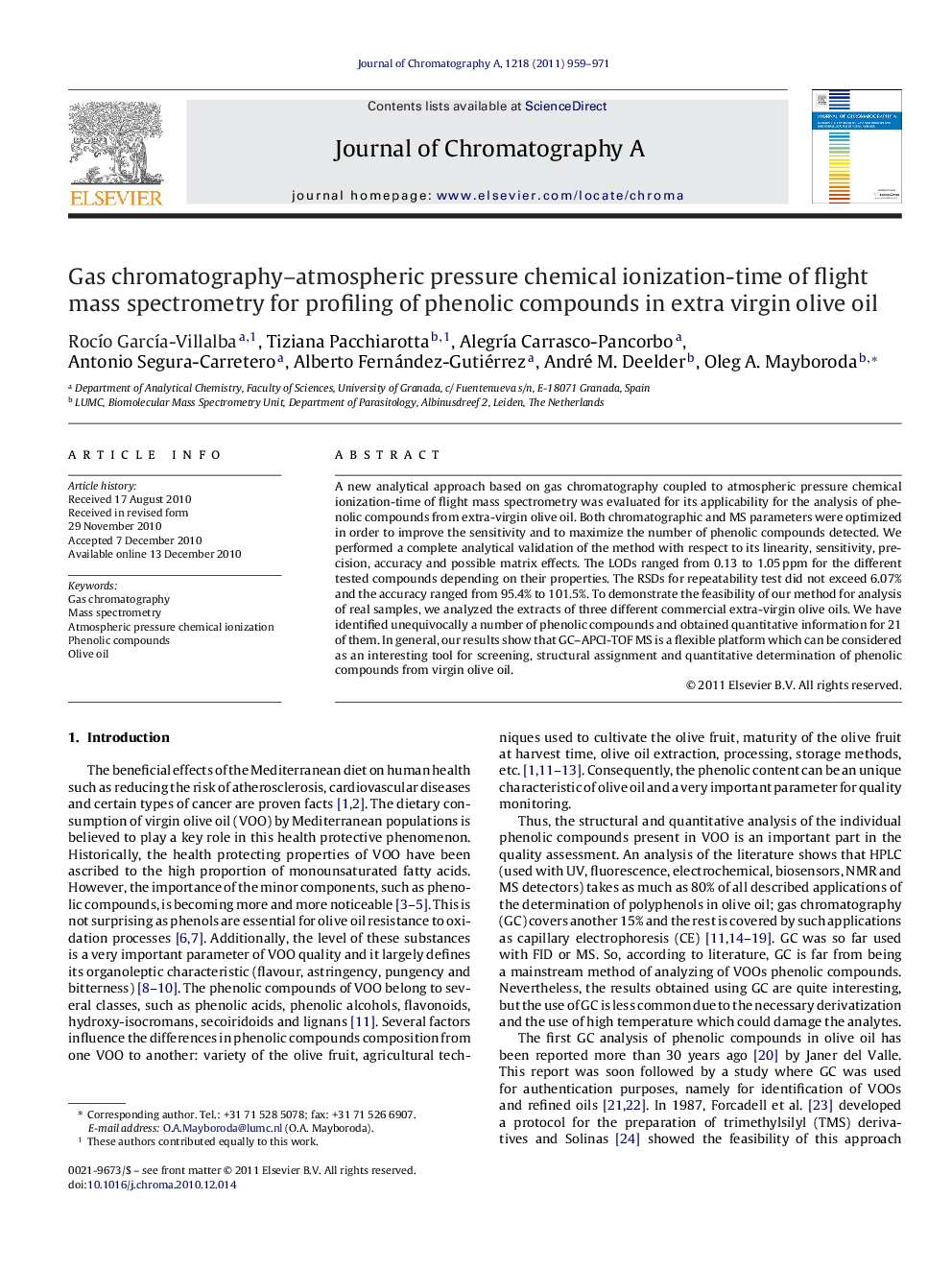 Gas chromatography–atmospheric pressure chemical ionization-time of flight mass spectrometry for profiling of phenolic compounds in extra virgin olive oil