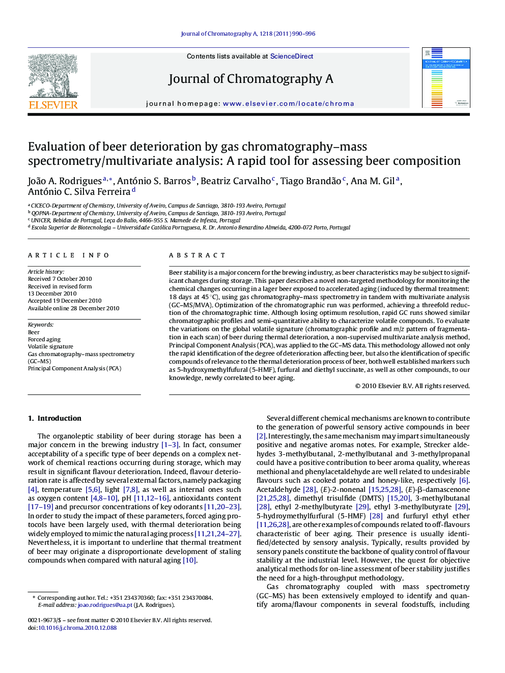 Evaluation of beer deterioration by gas chromatography–mass spectrometry/multivariate analysis: A rapid tool for assessing beer composition