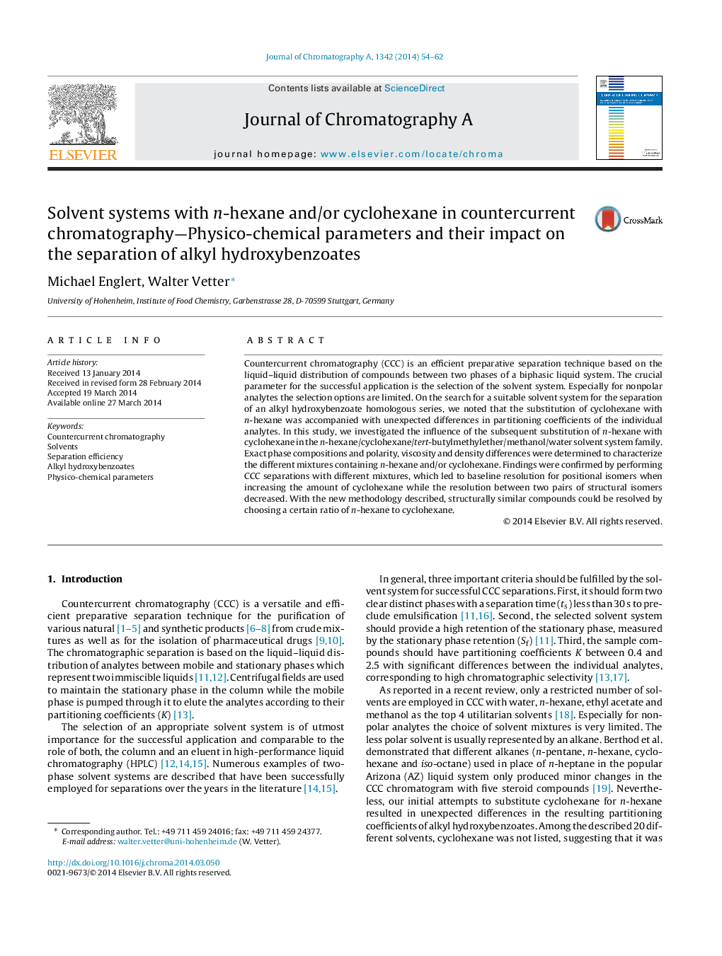 Solvent systems with n-hexane and/or cyclohexane in countercurrent chromatography—Physico-chemical parameters and their impact on the separation of alkyl hydroxybenzoates