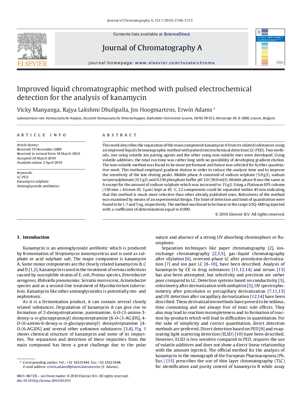 Improved liquid chromatographic method with pulsed electrochemical detection for the analysis of kanamycin