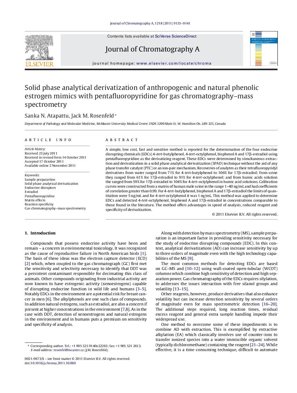 Solid phase analytical derivatization of anthropogenic and natural phenolic estrogen mimics with pentafluoropyridine for gas chromatography–mass spectrometry