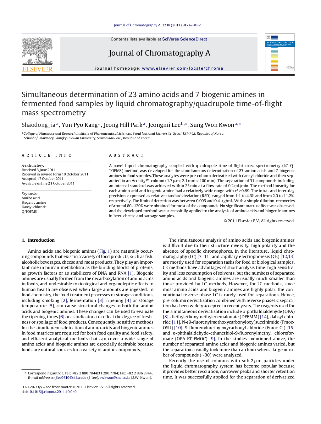 Simultaneous determination of 23 amino acids and 7 biogenic amines in fermented food samples by liquid chromatography/quadrupole time-of-flight mass spectrometry