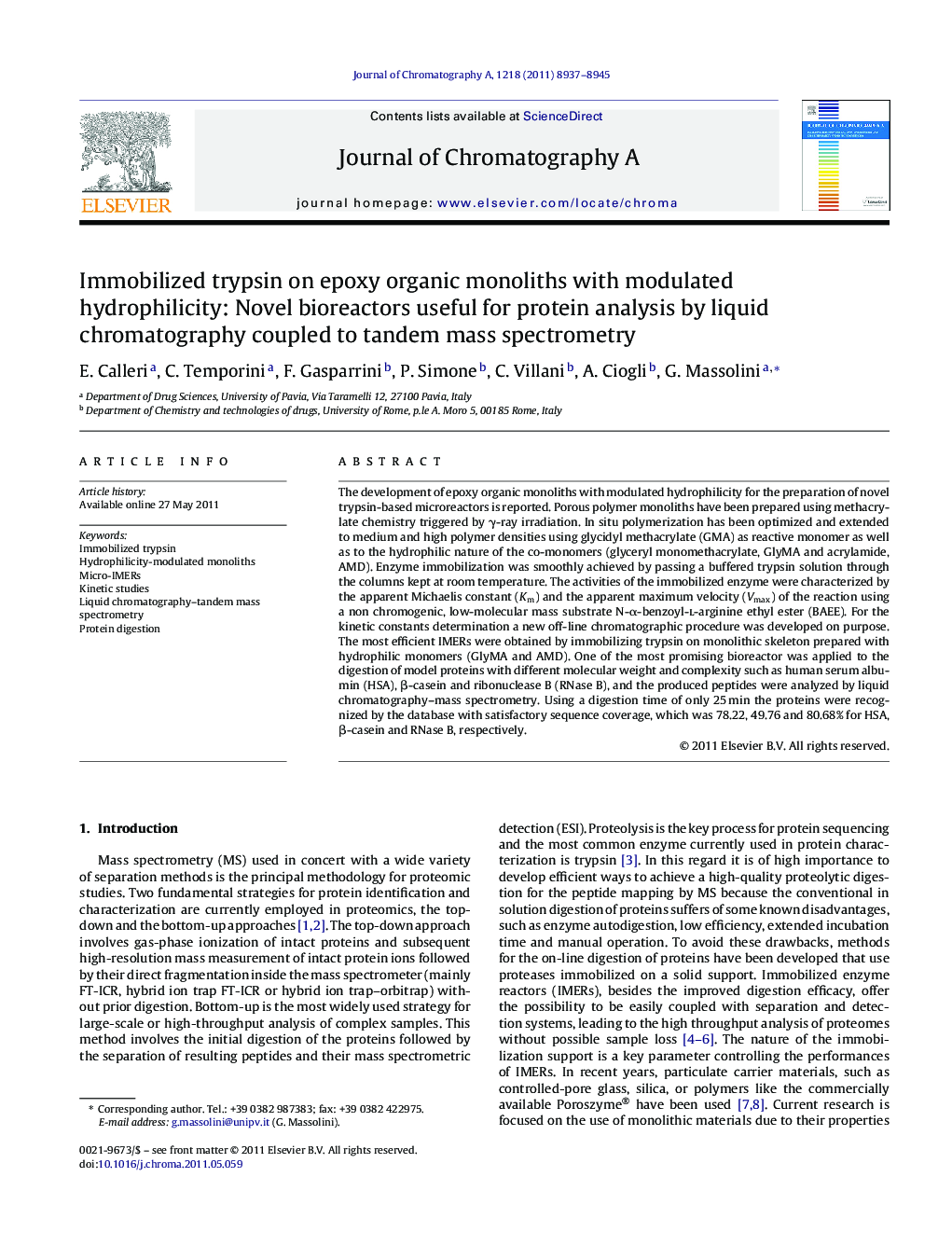 Immobilized trypsin on epoxy organic monoliths with modulated hydrophilicity: Novel bioreactors useful for protein analysis by liquid chromatography coupled to tandem mass spectrometry