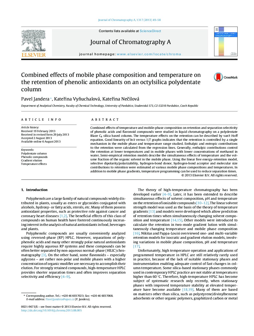 Combined effects of mobile phase composition and temperature on the retention of phenolic antioxidants on an octylsilica polydentate column