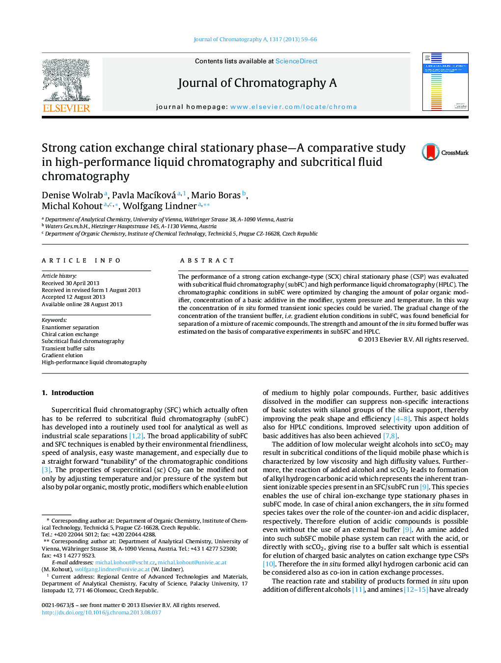 Strong cation exchange chiral stationary phase—A comparative study in high-performance liquid chromatography and subcritical fluid chromatography