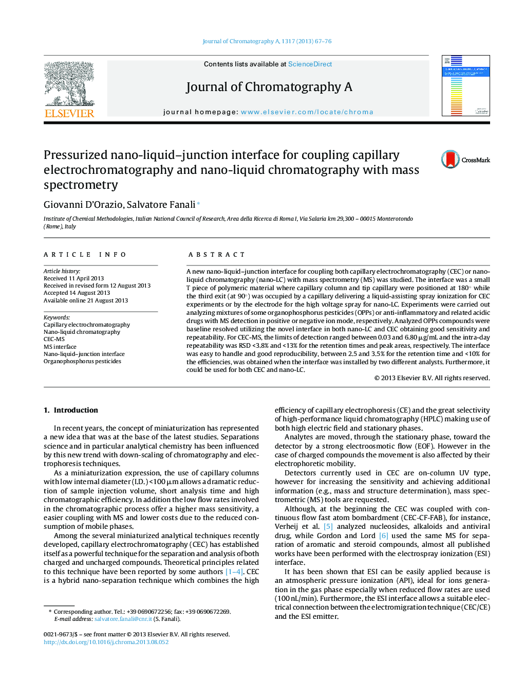 Pressurized nano-liquid–junction interface for coupling capillary electrochromatography and nano-liquid chromatography with mass spectrometry