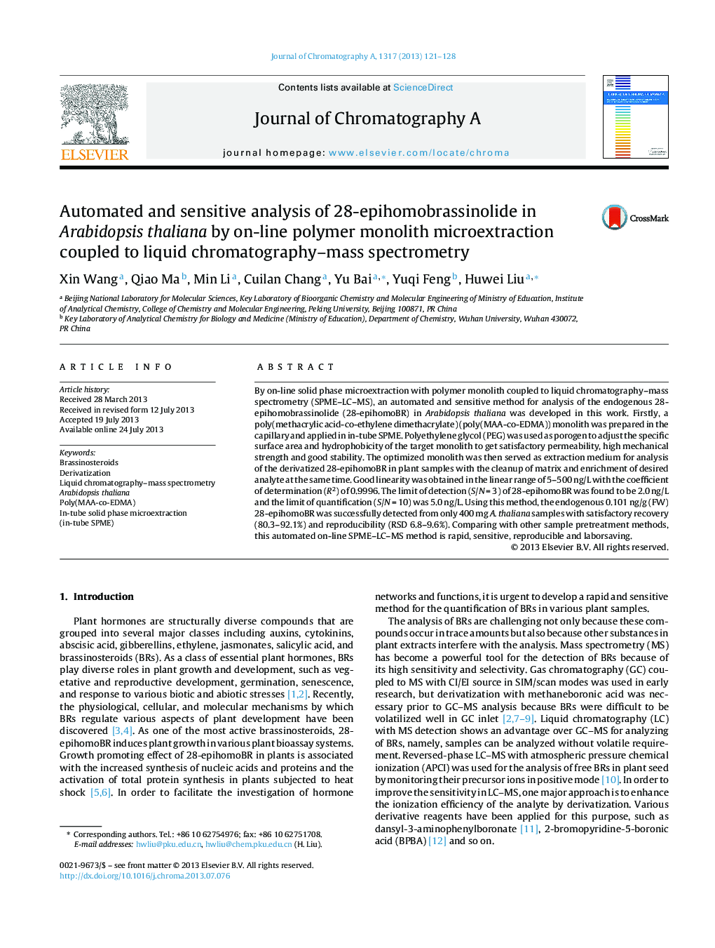 Automated and sensitive analysis of 28-epihomobrassinolide in Arabidopsis thaliana by on-line polymer monolith microextraction coupled to liquid chromatography–mass spectrometry