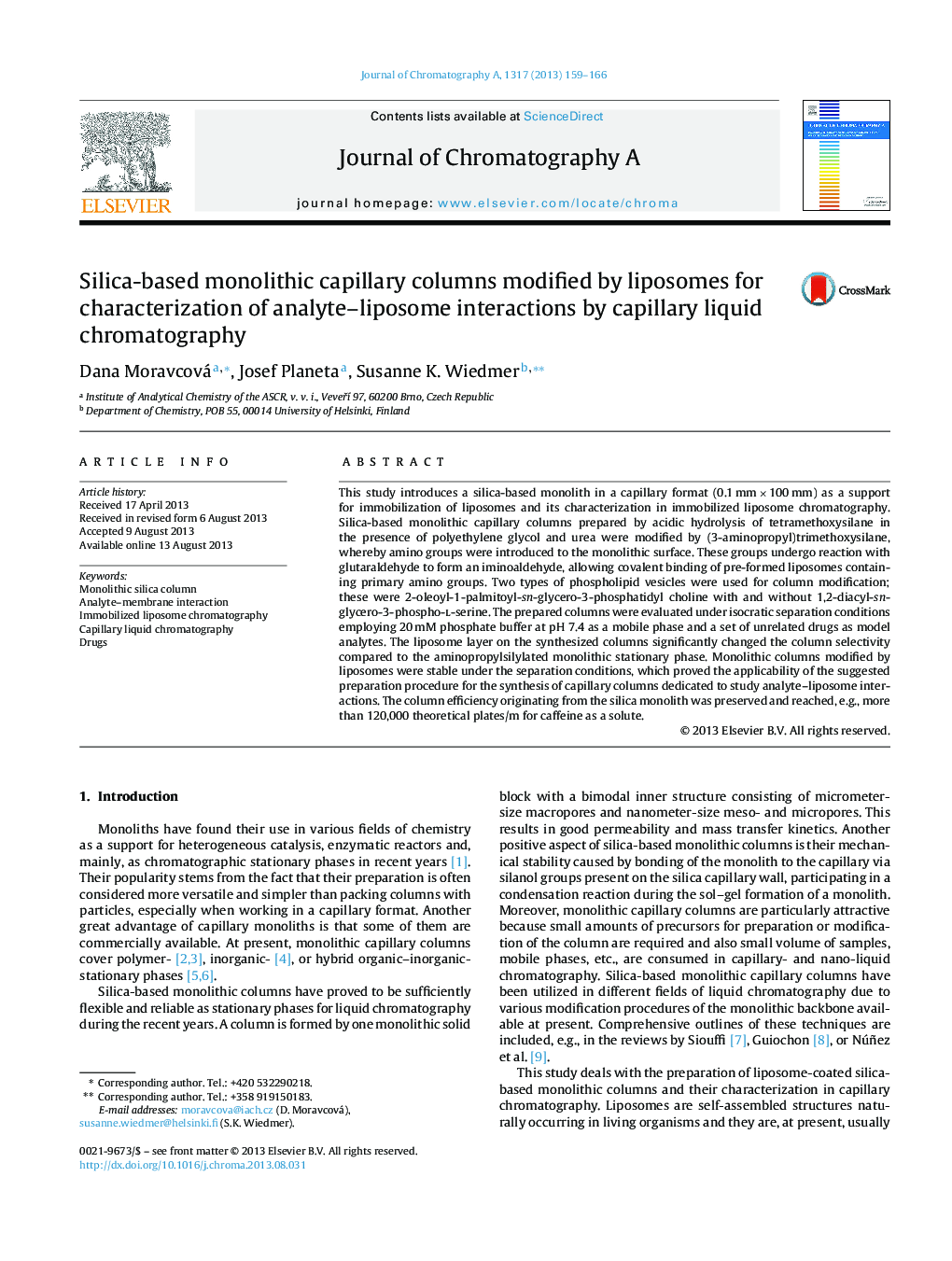 Silica-based monolithic capillary columns modified by liposomes for characterization of analyte–liposome interactions by capillary liquid chromatography
