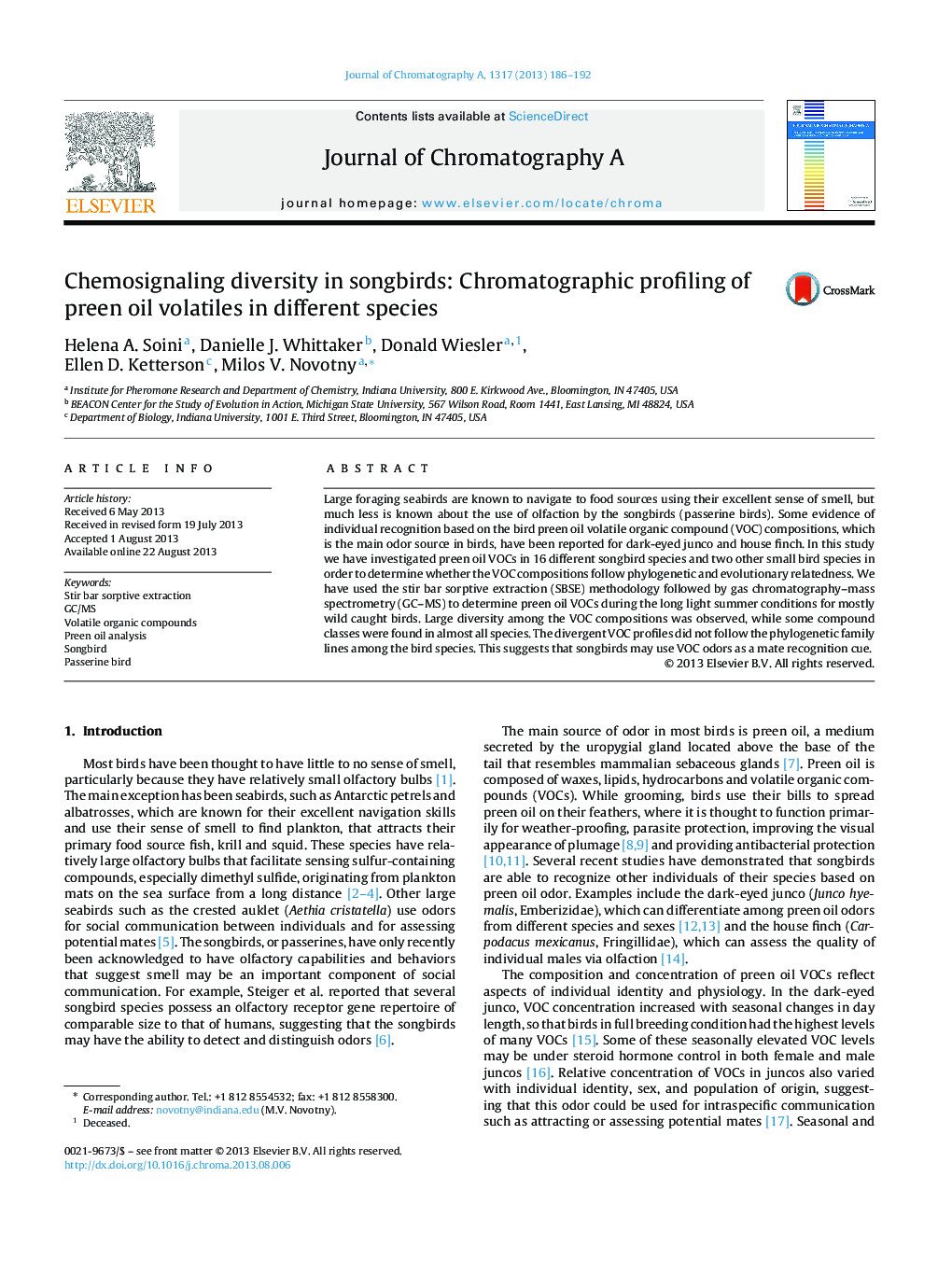 Chemosignaling diversity in songbirds: Chromatographic profiling of preen oil volatiles in different species