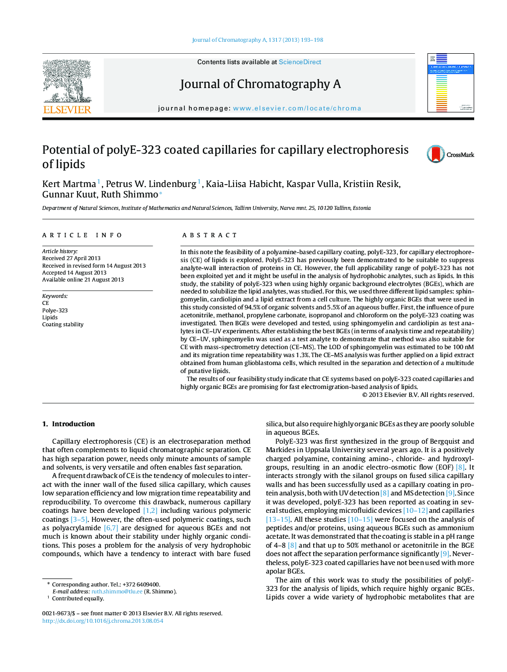 Potential of polyE-323 coated capillaries for capillary electrophoresis of lipids