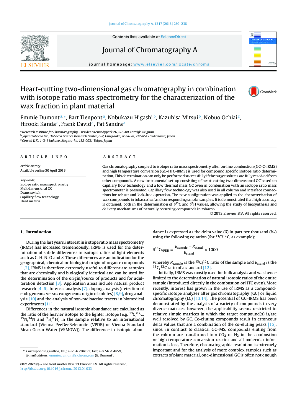 Heart-cutting two-dimensional gas chromatography in combination with isotope ratio mass spectrometry for the characterization of the wax fraction in plant material