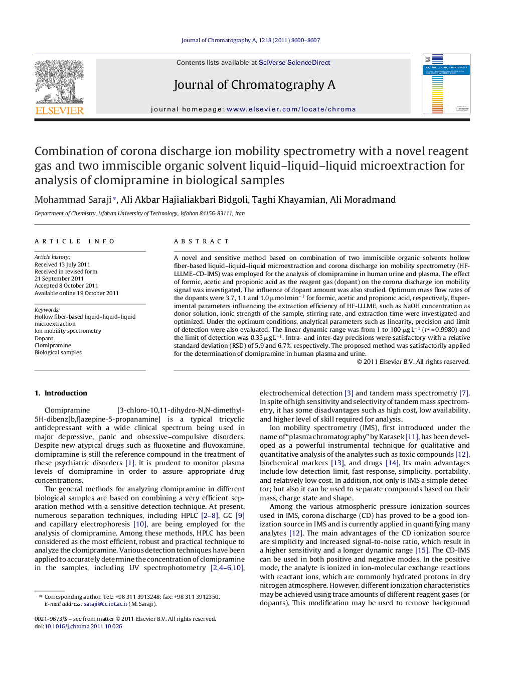 Combination of corona discharge ion mobility spectrometry with a novel reagent gas and two immiscible organic solvent liquid-liquid-liquid microextraction for analysis of clomipramine in biological samples