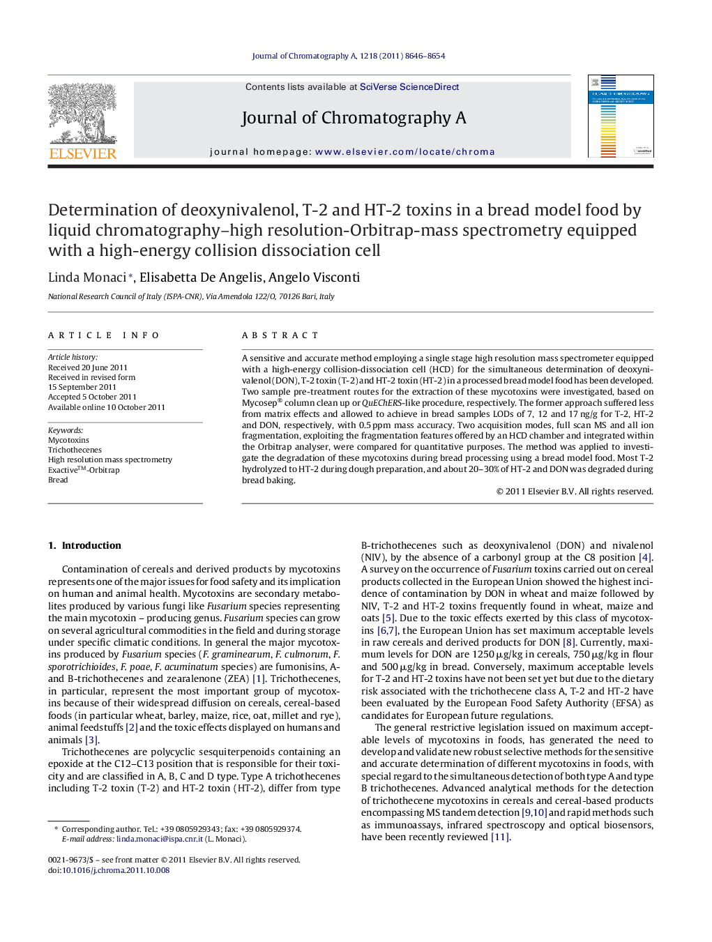 Determination of deoxynivalenol, T-2 and HT-2 toxins in a bread model food by liquid chromatography–high resolution-Orbitrap-mass spectrometry equipped with a high-energy collision dissociation cell