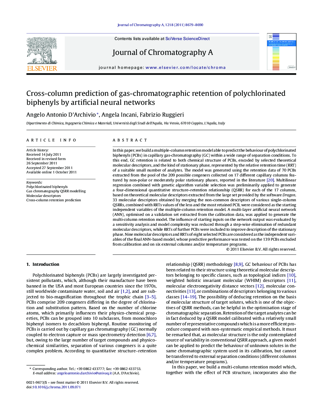 Cross-column prediction of gas-chromatographic retention of polychlorinated biphenyls by artificial neural networks