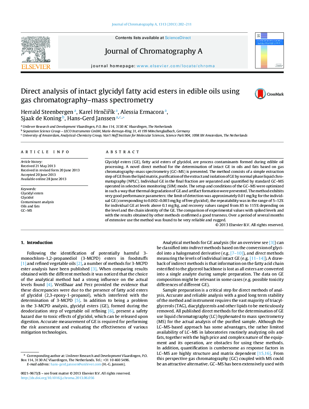 Direct analysis of intact glycidyl fatty acid esters in edible oils using gas chromatography–mass spectrometry