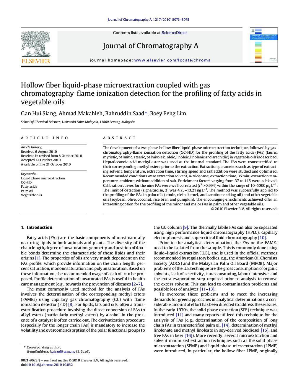 عکس صفحه اول مقاله: Hollow fiber liquid-phase microextraction coupled with gas chromatography-flame ionization detection for the profiling of fatty acids in vegetable oils Hollow fiber liquid-phase microextraction coupled with gas chromatography-flame ionization detection for the profiling of fatty acids in vegetable oils
