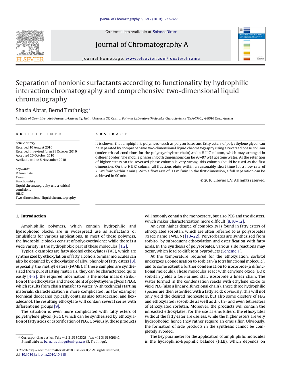 Separation of nonionic surfactants according to functionality by hydrophilic interaction chromatography and comprehensive two-dimensional liquid chromatography