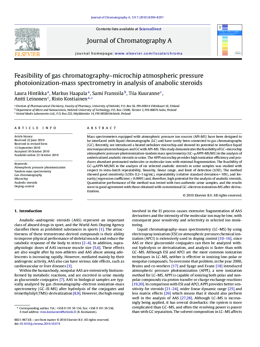 Feasibility of gas chromatography–microchip atmospheric pressure photoionization-mass spectrometry in analysis of anabolic steroids