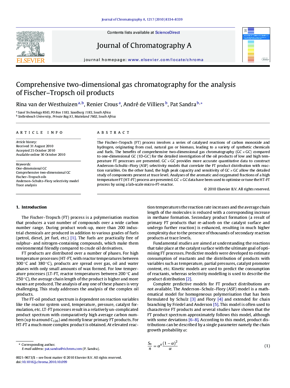 Comprehensive two-dimensional gas chromatography for the analysis of Fischer–Tropsch oil products