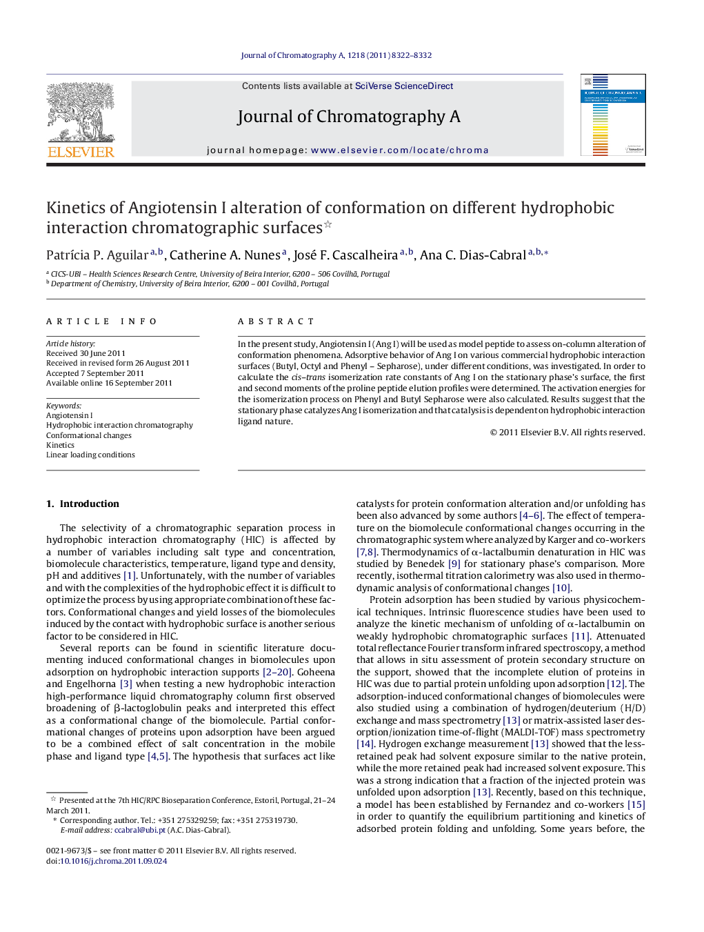 Kinetics of Angiotensin I alteration of conformation on different hydrophobic interaction chromatographic surfaces