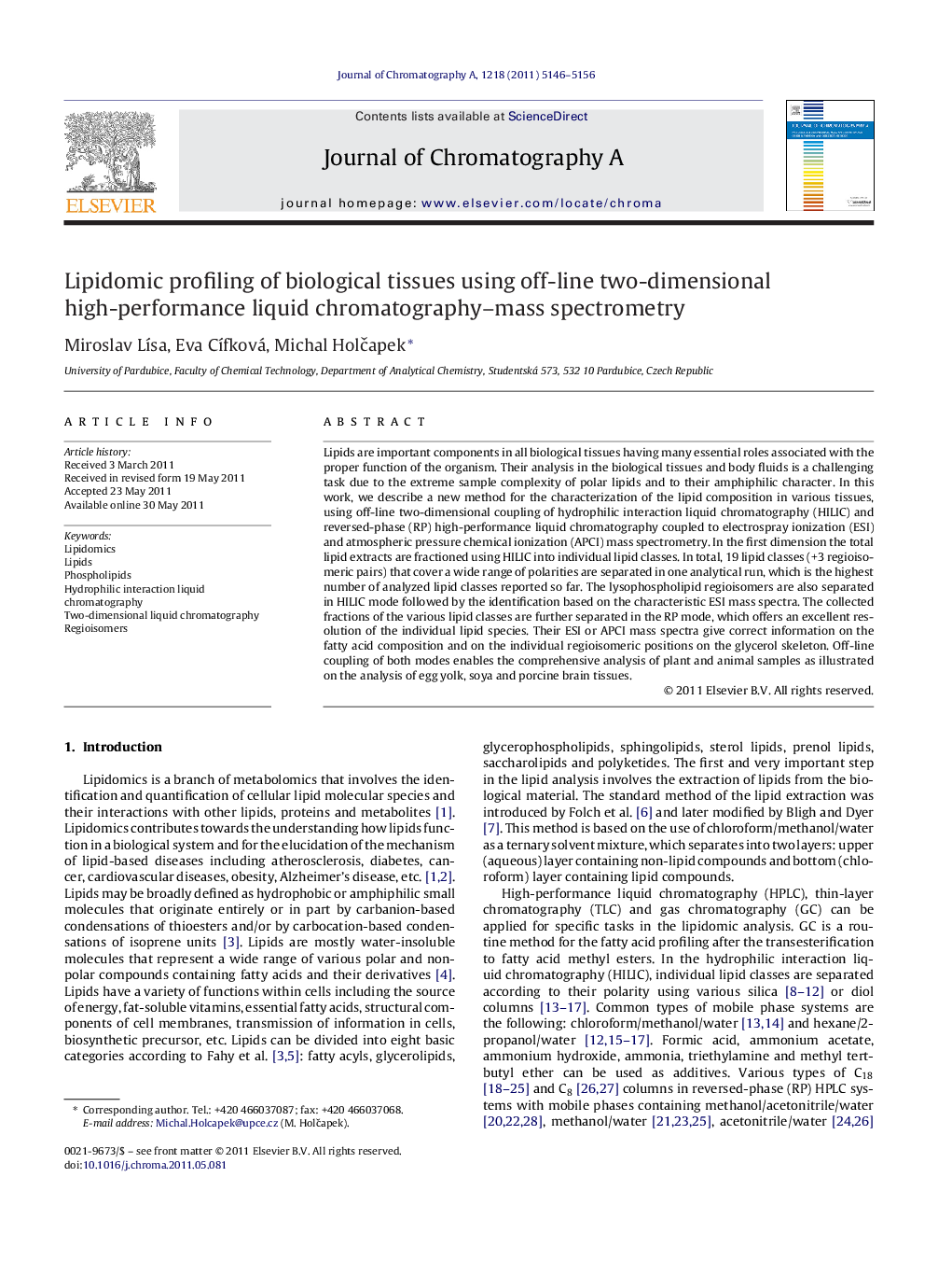 Lipidomic profiling of biological tissues using off-line two-dimensional high-performance liquid chromatography–mass spectrometry