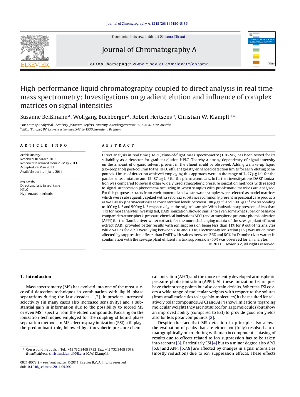 High-performance liquid chromatography coupled to direct analysis in real time mass spectrometry: Investigations on gradient elution and influence of complex matrices on signal intensities