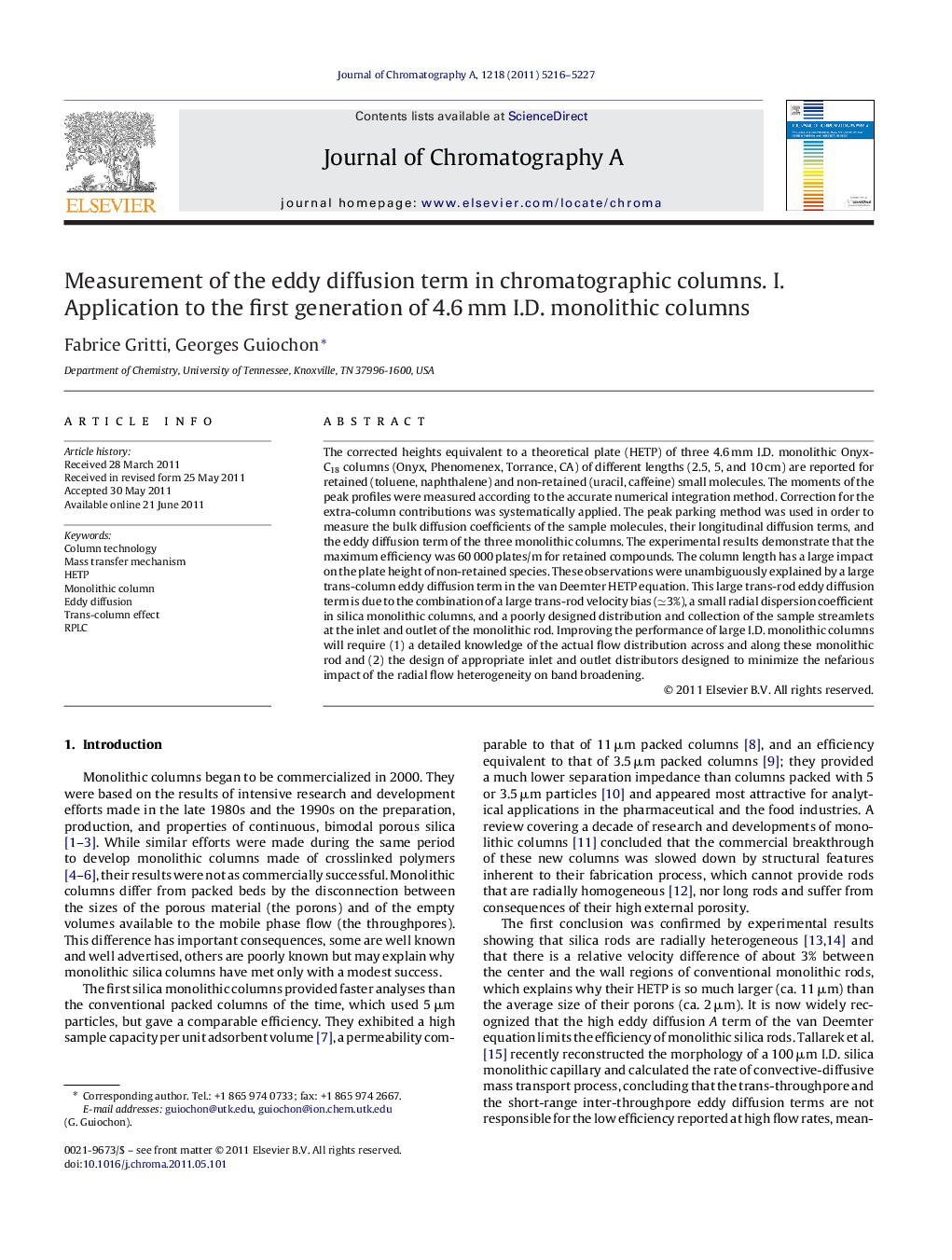 Measurement of the eddy diffusion term in chromatographic columns. I. Application to the first generation of 4.6 mm I.D. monolithic columns