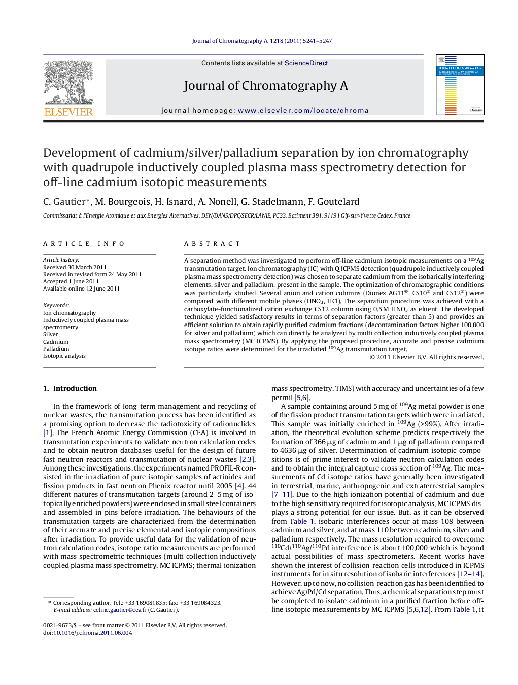 Development of cadmium/silver/palladium separation by ion chromatography with quadrupole inductively coupled plasma mass spectrometry detection for off-line cadmium isotopic measurements