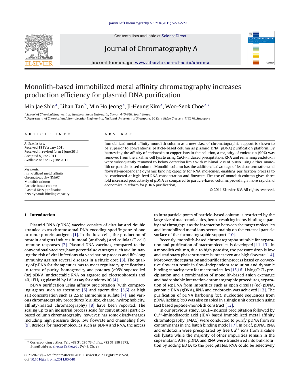 Monolith-based immobilized metal affinity chromatography increases production efficiency for plasmid DNA purification