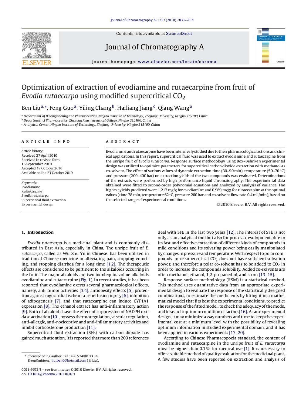 Optimization of extraction of evodiamine and rutaecarpine from fruit of Evodia rutaecarpa using modified supercritical CO2