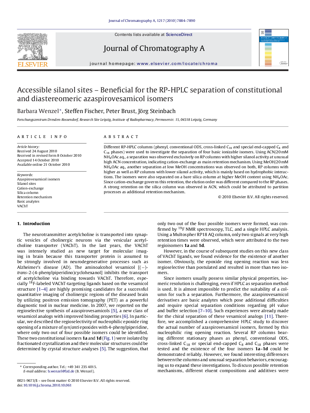 Accessible silanol sites – Beneficial for the RP-HPLC separation of constitutional and diastereomeric azaspirovesamicol isomers